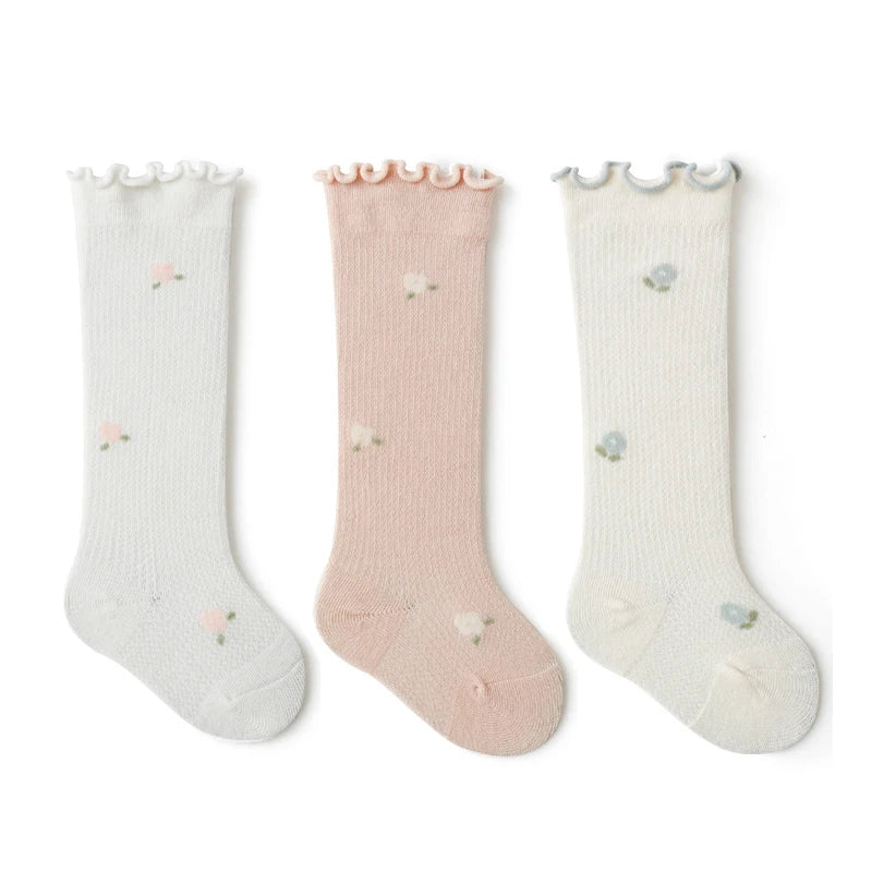 -ベビーソックス 靴下3足セット フリルハイソックス フラワー花柄 - mamahalo shop - ベビー用靴下・タイツ -  べビー服 - 子供服 - 男の子 - 女の子