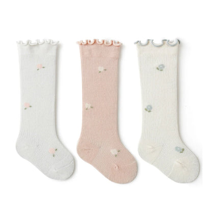 -ベビーソックス 靴下3足セット フリルハイソックス フラワー花柄 - mamahalo shop - ベビー用靴下・タイツ -  べビー服 - 子供服 - 男の子 - 女の子
