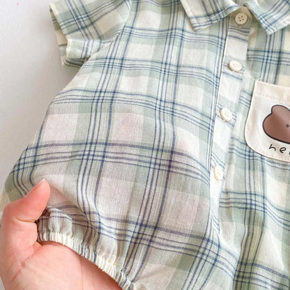 -ベビーロンパース 半袖シャツボディスーツ レトロチェック【mh0006271】 - mamahalo shop - 半袖ロンパース -  べビー服 - 子供服 - 男の子 - 女の子