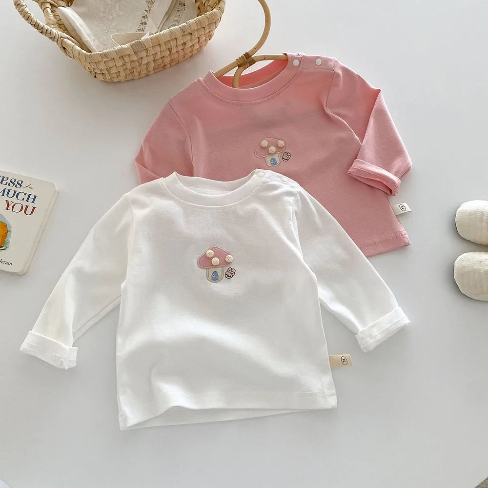 -ベビーキッズトップス 長袖Tシャツ きのこマッシュルーム刺繍 2カラー【mh0006467】 - mamahalo shop - 長袖Tシャツ -  べビー服 - 子供服 - 男の子 - 女の子