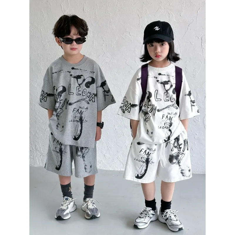 -キッズセットアップ 2点セット 半袖Tシャツ+ハーフパンツ グラフィックプリント 2カラー - mamahalo shop - 半袖セットアップ -  べビー服 - 子供服 - 男の子 - 女の子