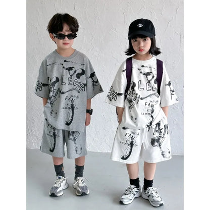 -キッズセットアップ 2点セット 半袖Tシャツ+ハーフパンツ グラフィックプリント 2カラー - mamahalo shop - 半袖セットアップ -  べビー服 - 子供服 - 男の子 - 女の子