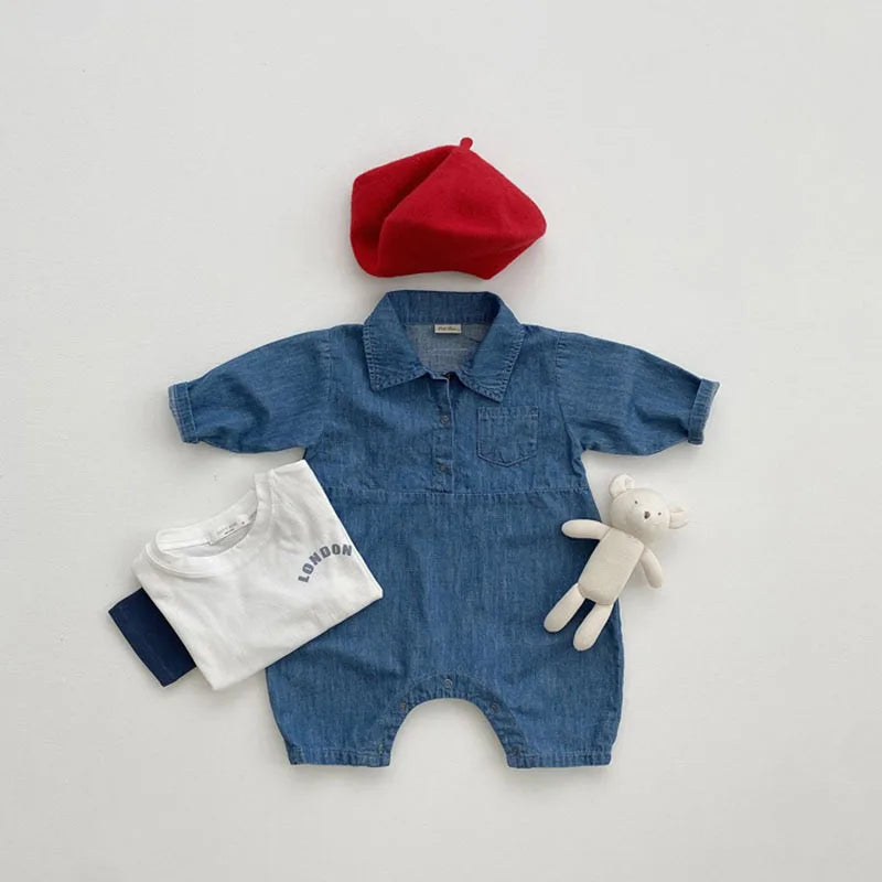 -ベビージャンプスーツ デニム 長袖シャツロンパース つなぎ【mh0005156】 - mamahalo shop - 長袖ジャンプスーツ -  べビー服 - 子供服 - 男の子 - 女の子