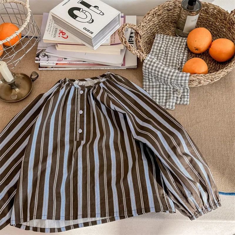 -キッズトップス ストライプ 長袖シャツ チュニックブラウス コーヒー/ベージュ/2カラー - mamahalo shop - 長袖シャツ・ブラウス -  べビー服 - 子供服 - 男の子 - 女の子