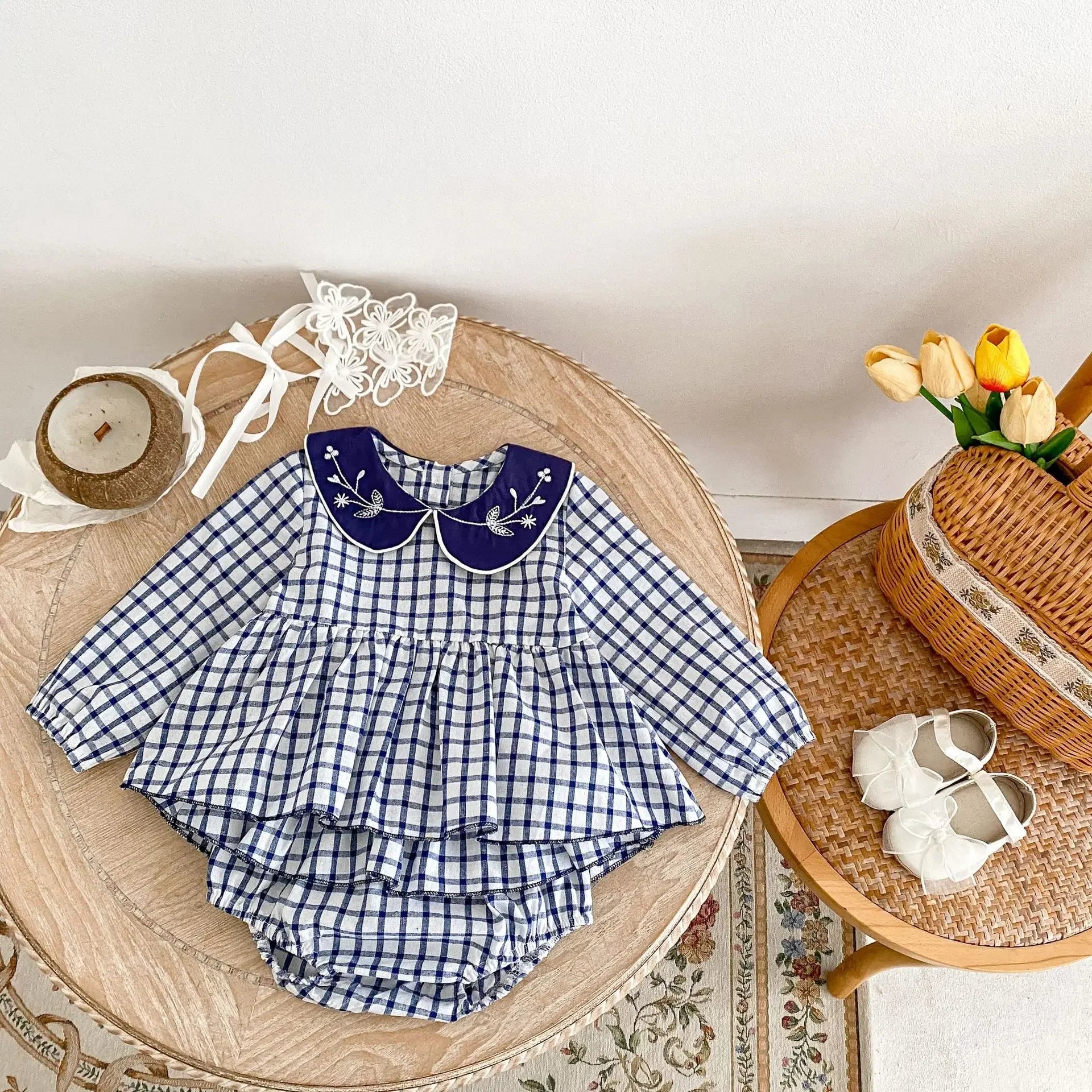 -ベビーキッズセットアップ 2点セット フラワー刺繍襟長袖チュニックブラウス+フリルスカートブルマパンツ チェック4カラー - mamahalo shop - 長袖セットアップ -  べビー服 - 子供服 - 男の子 - 女の子