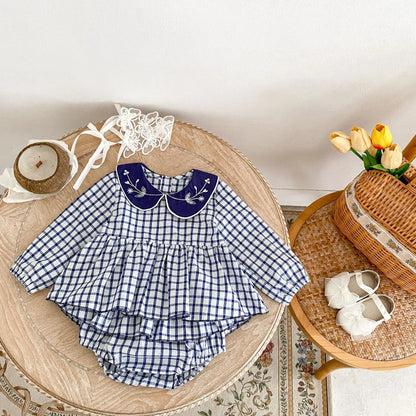 -ベビーキッズセットアップ 2点セット フラワー刺繍襟長袖チュニックブラウス+フリルスカートブルマパンツ チェック4カラー - mamahalo shop - 長袖セットアップ -  べビー服 - 子供服 - 男の子 - 女の子