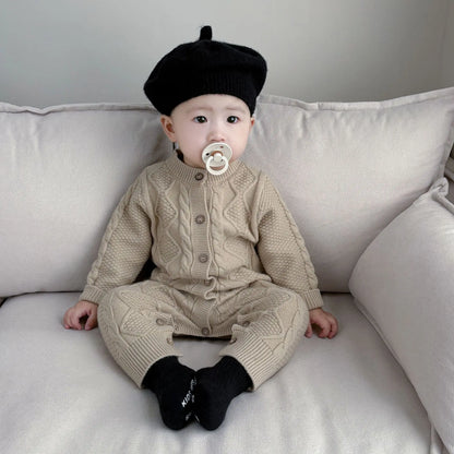 -ベビーロンパース 長袖ニットジャンプスーツ アランニットケーブル編み ホワイト/カーキ/2カラー【mh0004410】 - mamahalo shop - 長袖ロンパース -  べビー服 - 子供服 - 男の子 - 女の子