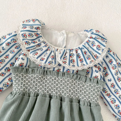 -ベビーロンパース フラワープリントブラウスドッキングサスペンダーボディスーツ - mamahalo shop - 長袖ロンパース -  べビー服 - 子供服 - 男の子 - 女の子