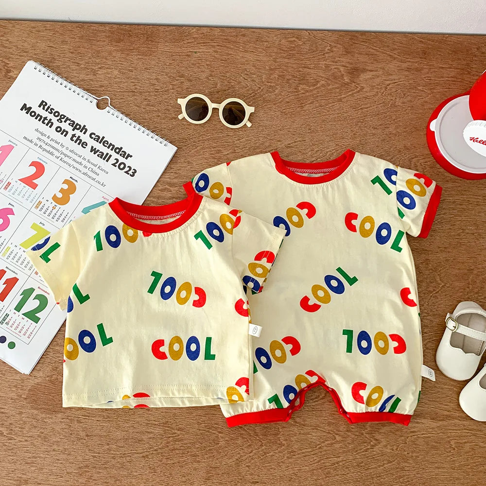 -ベビーロンパース 半袖ジャンプスーツ カラフルレターロゴプリント【mh0005383】 - mamahalo shop - 半袖ロンパース -  べビー服 - 子供服 - 男の子 - 女の子