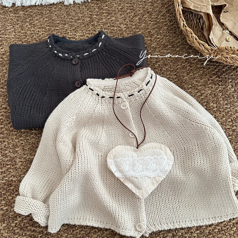 -キッズカーディガン ステッチアクセントざっくりニットジャケット 2カラー - mamahalo shop - カーディガン・パーカー -  べビー服 - 子供服 - 男の子 - 女の子