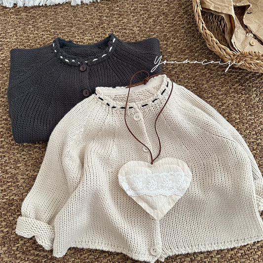 -キッズカーディガン ステッチアクセントざっくりニットジャケット 2カラー - mamahalo shop - カーディガン・パーカー -  べビー服 - 子供服 - 男の子 - 女の子