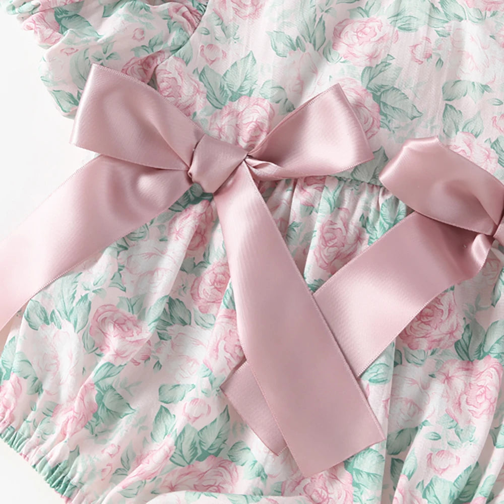 -ベビーロンパース 半袖ボリュームパフスリーブ リボン フラワープリント ベビードレス ヘアバンドセット - mamahalo shop - 半袖ロンパース -  べビー服 - 子供服 - 男の子 - 女の子