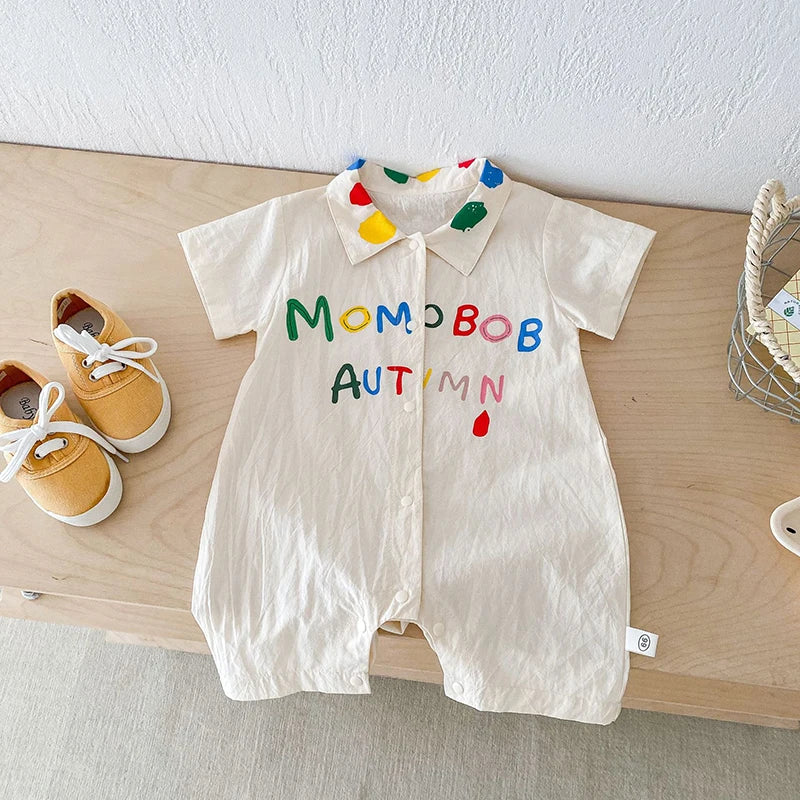 -ベビーロンパース 半袖シャツジャンプスーツ つなぎ カラフル レターロゴ刺繍【mh0005419】 - mamahalo shop - 半袖ロンパース -  べビー服 - 子供服 - 男の子 - 女の子