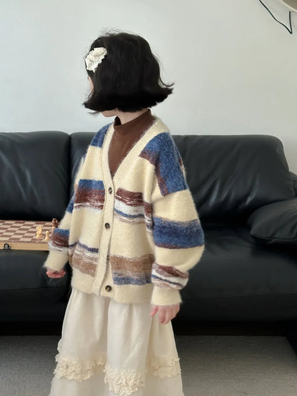 -キッズカーディガン カラフルボーダーVネックニットジャケット 2カラー - mamahalo shop - カーディガン・パーカー -  べビー服 - 子供服 - 男の子 - 女の子