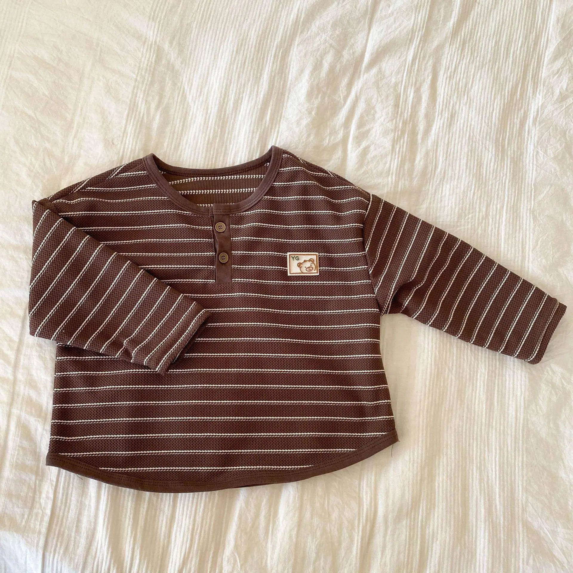 -キッズトップス ボーダーベアくまワンポイントヘンリーネック長袖Tシャツ 2 カラー - mamahalo shop - 長袖Tシャツ -  べビー服 - 子供服 - 男の子 - 女の子