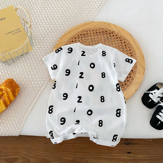 -ベビーロンパース 半袖ジャンプスーツ ボディシャツ オレンジ ナンバーロゴプリント【mh0005420】 - mamahalo shop - 半袖ロンパース -  べビー服 - 子供服 - 男の子 - 女の子