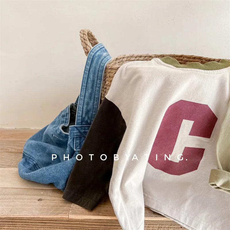 -キッズトップス 長袖Tシャツ パッチワーク レターロゴプリント 2カラー - mamahalo shop - 長袖Tシャツ -  べビー服 - 子供服 - 男の子 - 女の子