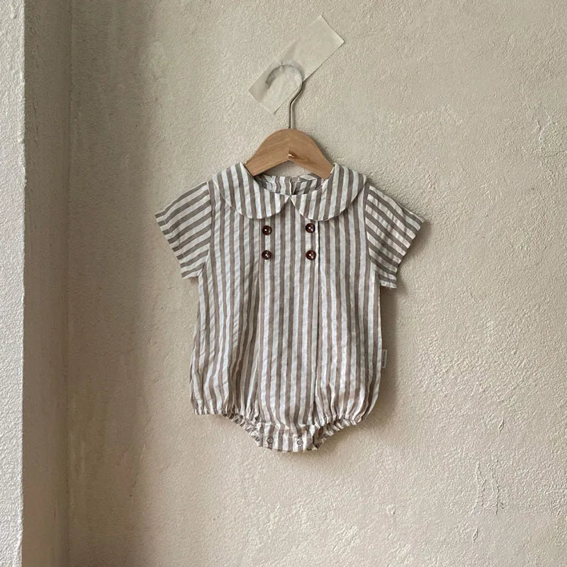 -ベビーロンパース 半袖丸襟ボディスーツ 無地/ストライプ 2カラー【mh0006052】 - mamahalo shop - 半袖ロンパース -  べビー服 - 子供服 - 男の子 - 女の子
