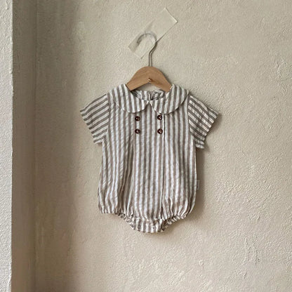 -ベビーロンパース 半袖丸襟ボディスーツ 無地/ストライプ 2カラー【mh0006052】 - mamahalo shop - 半袖ロンパース -  べビー服 - 子供服 - 男の子 - 女の子