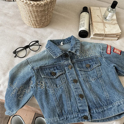 -キッズアウター デニムジャケット Gジャン ワッペン刺繍プリント【mh0006617】 - mamahalo shop - ショートコート・ジャケット・ジャンパー -  べビー服 - 子供服 - 男の子 - 女の子