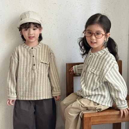 キッズトップス ストライプノーカラー長袖シャツ - mamahalo shop - 長袖シャツ・ブラウス -  べビー服 - 子供服 - 男の子 - 女の子