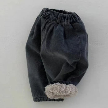 -ベビーパンツ 裏ボアフリースパンツ デニムカラー スマイルプリント 暖パン ブラック ブルー 2カラー ボーイズ 男の子 子供服 - mamahalo shop - ロングパンツ・スウェットパンツ -  べビー服 - 子供服 - 男の子 - 女の子