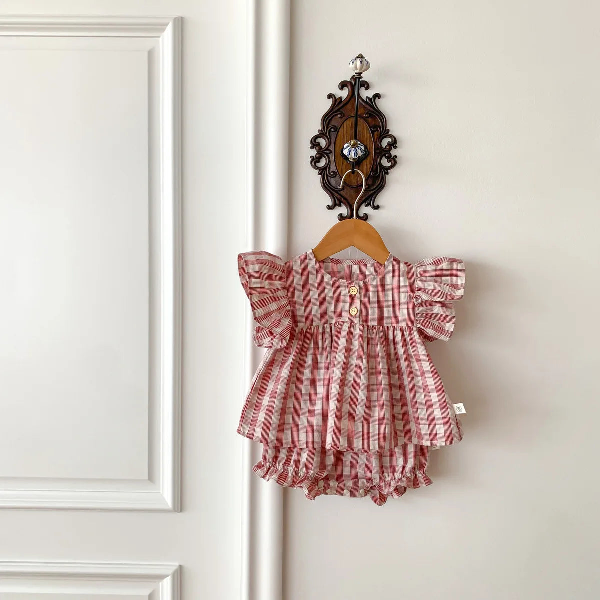 -ベビーセットアップ 2点セット チェック 半袖フリルスリーブ チュニックブラウス+ブルマパンツ 2カラー【mh0006251】 - mamahalo shop - 半袖セットアップ -  べビー服 - 子供服 - 男の子 - 女の子