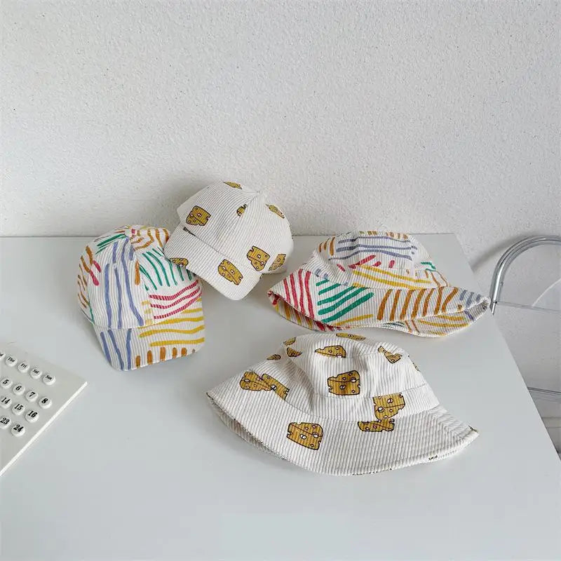 -キッズ帽子 キャップ バケットハット 野球帽 コーデュロイ チーズ/カラフルストライプ【mh0006330】 - mamahalo shop - ベビー用帽子 -  べビー服 - 子供服 - 男の子 - 女の子