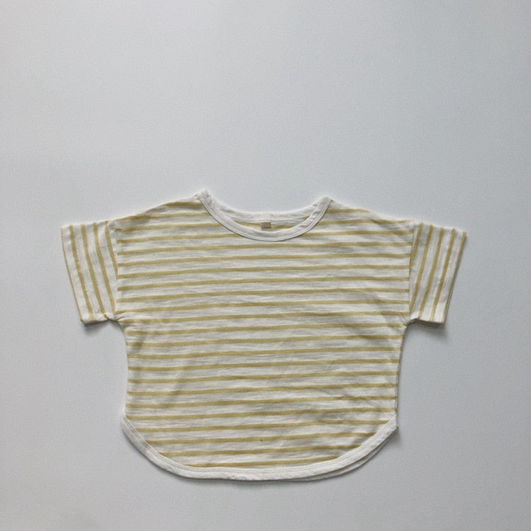 -キッズ ボーダー ルーズ 半袖 Tシャツ トップス 4カラー ユニセックス - mamahalo shop - 半袖Tシャツ -  べビー服 - 子供服 - 男の子 - 女の子