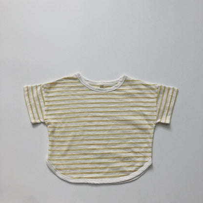 -キッズ ボーダー ルーズ 半袖 Tシャツ トップス 4カラー ユニセックス - mamahalo shop - 半袖Tシャツ -  べビー服 - 子供服 - 男の子 - 女の子