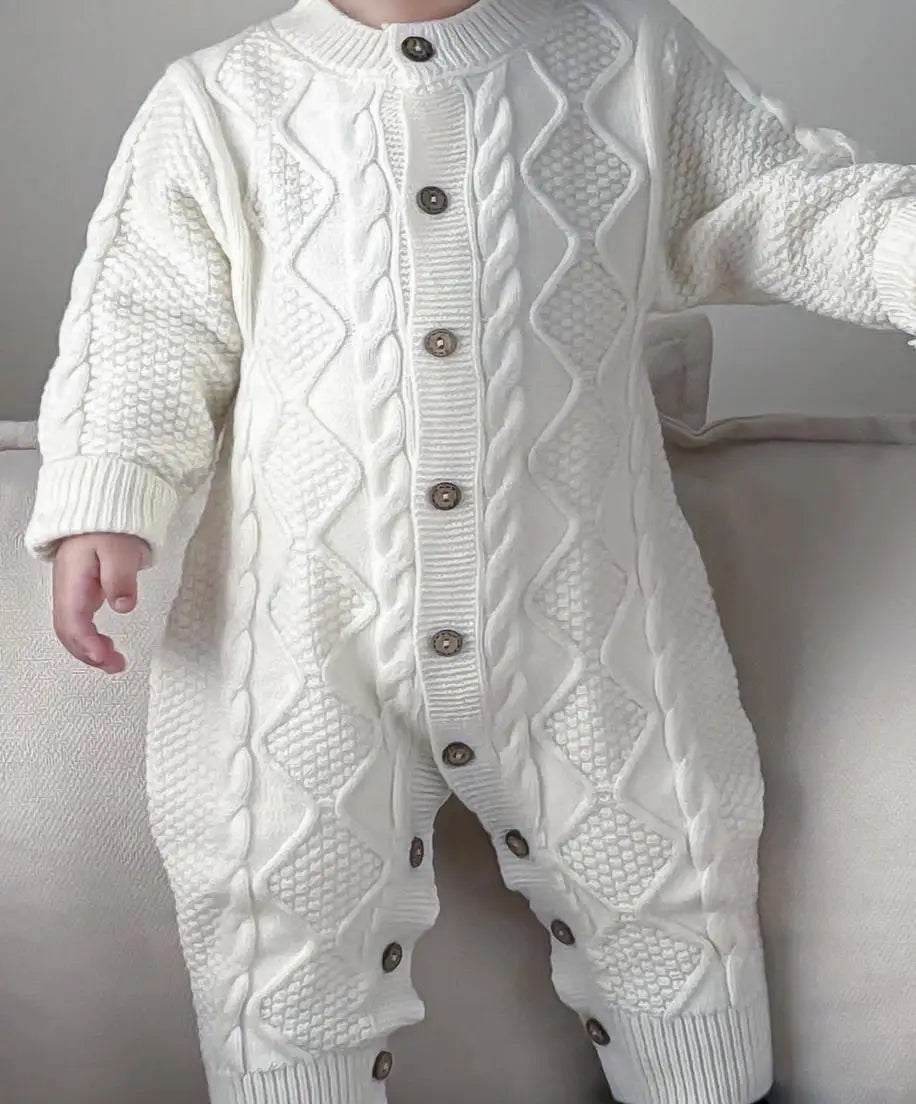 -ベビーロンパース 長袖ニットジャンプスーツ アランニットケーブル編み ホワイト/カーキ/2カラー【mh0004410】 - mamahalo shop - 長袖ロンパース -  べビー服 - 子供服 - 男の子 - 女の子