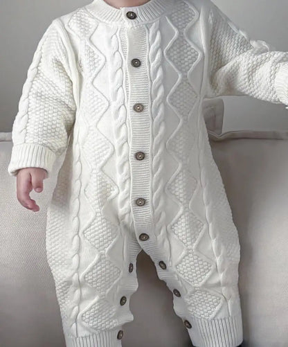 -ベビーロンパース 長袖ニットジャンプスーツ アランニットケーブル編み ホワイト/カーキ/2カラー【mh0004410】 - mamahalo shop - 長袖ロンパース -  べビー服 - 子供服 - 男の子 - 女の子