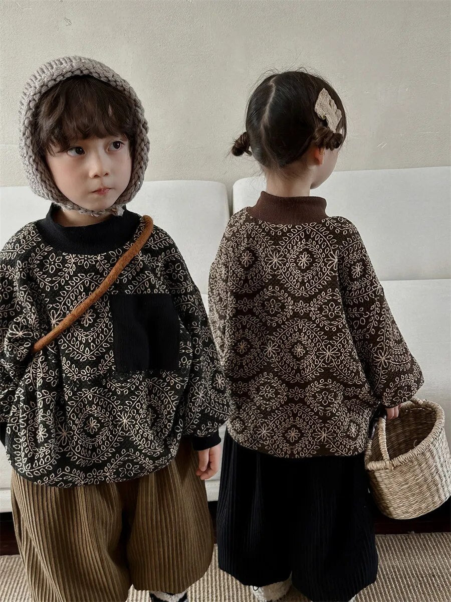 -キッズスウェットシャツ 裏ボアフリース ボヘミアン柄 幾何学 フラワープリント トレーナー ハーフタートルネック スタンドカラー ブラック コーヒー 2カラー ユニセックス 男の子 女の子 子供服 - mamahalo shop - トレーナー・フーディ -  べビー服 - 子供服 - 男の子 - 女の子