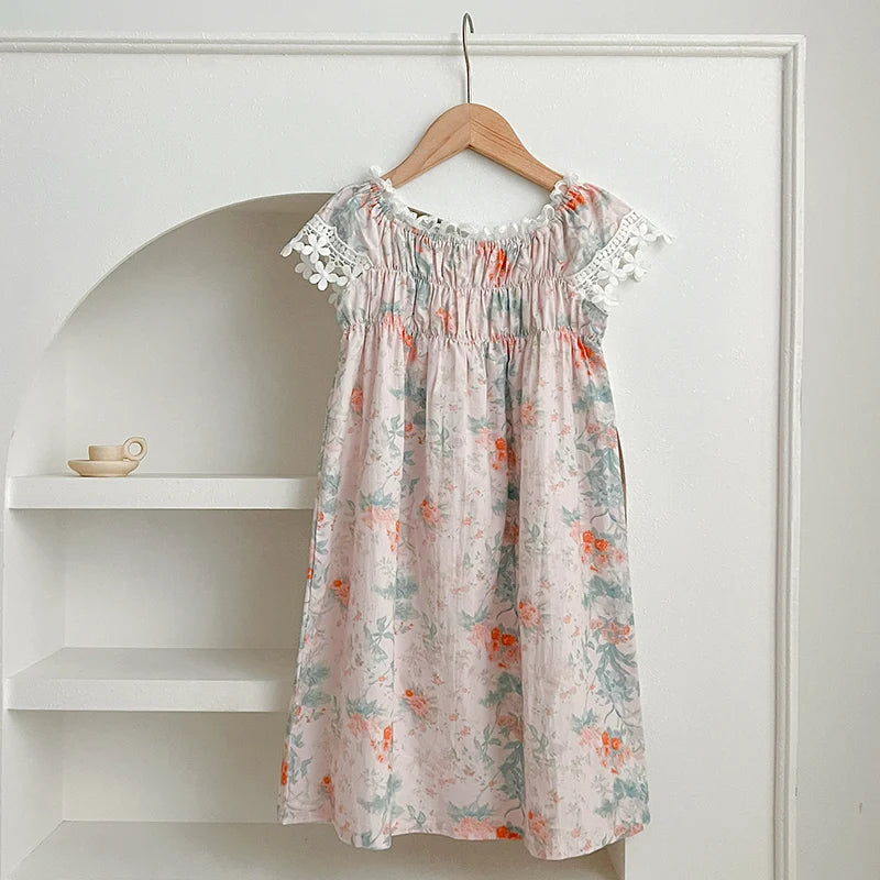 -キッズワンピース 半袖レースフリルスリーブ サマードレス フラワー花柄プリント【mh0005828】 - mamahalo shop - 半袖ワンピース -  べビー服 - 子供服 - 男の子 - 女の子