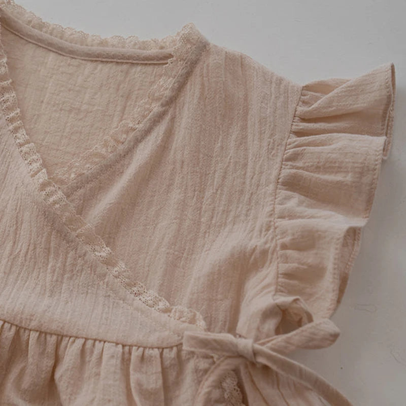 -キッズトップス フリルスリーブ ラップチュニックブラウス コットン ベージュ【mh0006282】 - mamahalo shop - 半袖シャツ・ブラウス -  べビー服 - 子供服 - 男の子 - 女の子