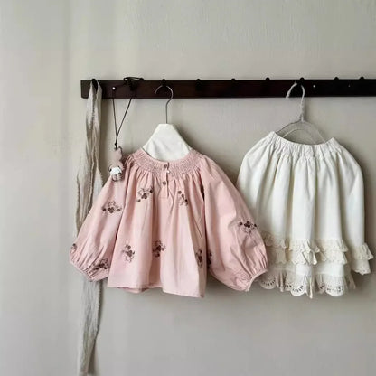 -キッズトップス フラワー刺繍長袖チュニックブラウス ピンク - mamahalo shop - 長袖シャツ・ブラウス -  べビー服 - 子供服 - 男の子 - 女の子