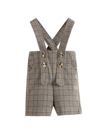 -ベビーキッズジュニア ケーブルニットカーディガン トラッドチェック サスペンダーパンツ ロングパンツ リンクコーデ 兄弟お揃い お出かけ - mamahalo shop - サロペットパンツ・サスペンダーパンツ -  べビー服 - 子供服 - 男の子 - 女の子