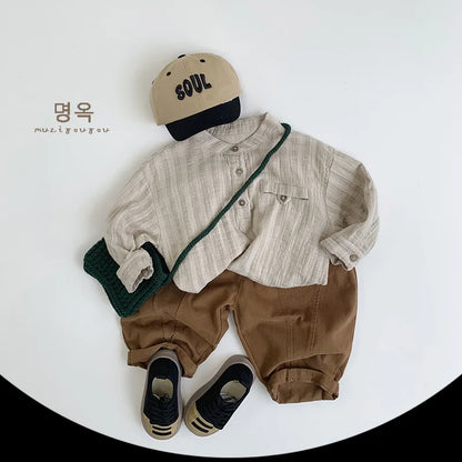 -キッズトップス 長袖スタンドカラーストライプルーズシャツ 3カラー - mamahalo shop - 長袖シャツ・ブラウス -  べビー服 - 子供服 - 男の子 - 女の子