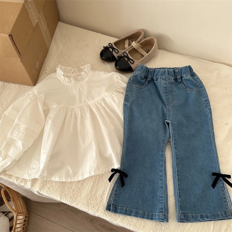 -キッズパンツ デニムパンツ サイドリボン スリットフレアパンツ ジーンズ ジーパン - mamahalo shop - デニムパンツ -  べビー服 - 子供服 - 男の子 - 女の子