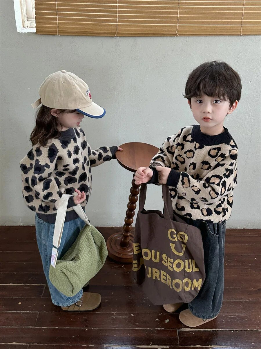 -キッズセーター レオパード柄 ヒョウ柄 ニット プルオーバートップス ブラック ベージュ 2カラー ユニセックス 男の子 女の子 子供服 - mamahalo shop - ニット・セーター -  べビー服 - 子供服 - 男の子 - 女の子