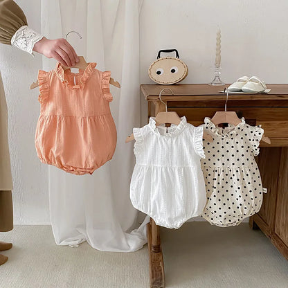 -ベビーロンパース ノースリーブボディスーツ フリルスタンドカラー 無地/水玉ドットプリント 3カラー【mh0006547】 - mamahalo shop - ノースリーブロンパース -  べビー服 - 子供服 - 男の子 - 女の子