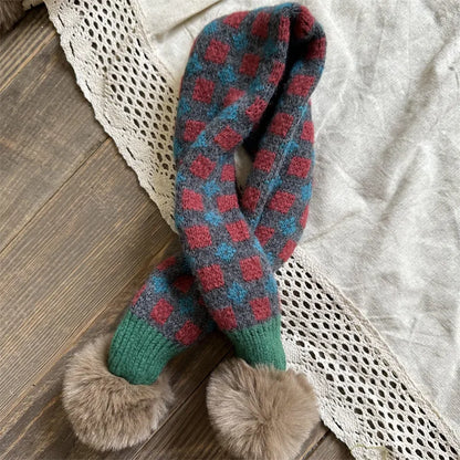 -キッズマフラー ニット ネックウォーマー ぽんぽん付き チェック 10カラー - mamahalo shop - ネックウォーマー -  べビー服 - 子供服 - 男の子 - 女の子