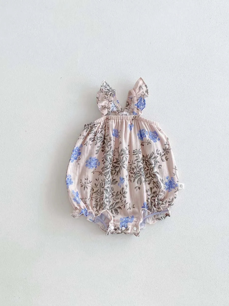 -ベビーロンパース フリルサスペンダーボディスーツ フラワー花柄プリント【mh0006193】 - mamahalo shop - ノースリーブロンパース -  べビー服 - 子供服 - 男の子 - 女の子