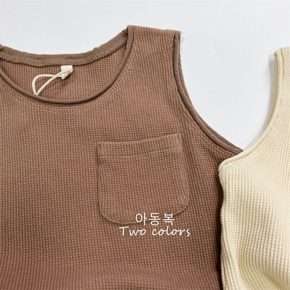 -キッズ ワッフル ポケット タンクトップ ノースリーブ Tシャツ ベージュ コーヒーブラウン ボーイズ【mh0002232】 - mamahalo shop - タンクトップ・キャミソール・ノースリーブトップス -  べビー服 - 子供服 - 男の子 - 女の子