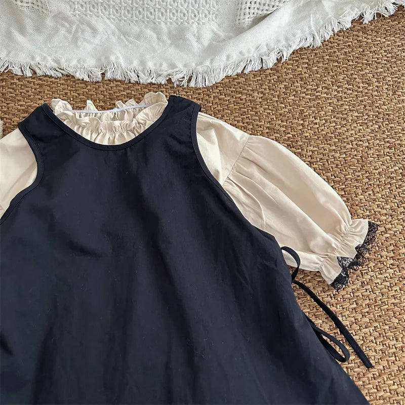 -キッズセットアップ 2点セット 長袖フリルスタンドカラーワンピース+ノースリーブサイドリボンエプロンドレス - mamahalo shop - 長袖ワンピース -  べビー服 - 子供服 - 男の子 - 女の子