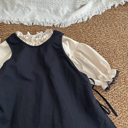 -キッズセットアップ 2点セット 長袖フリルスタンドカラーワンピース+ノースリーブサイドリボンエプロンドレス - mamahalo shop - 長袖ワンピース -  べビー服 - 子供服 - 男の子 - 女の子