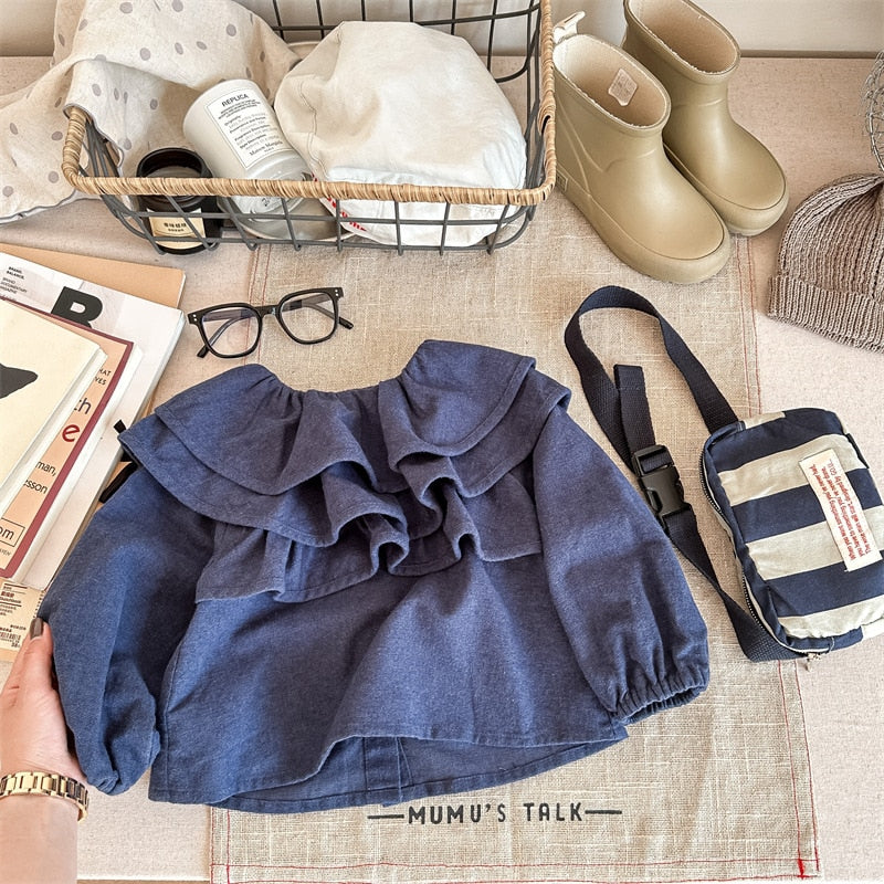 -キッズ ラッフルフリル ビッグカラー 長袖 スモック チュニック ブラウス トップス ガールズ - mamahalo shop - 長袖シャツ・ブラウス -  べビー服 - 子供服 - 男の子 - 女の子