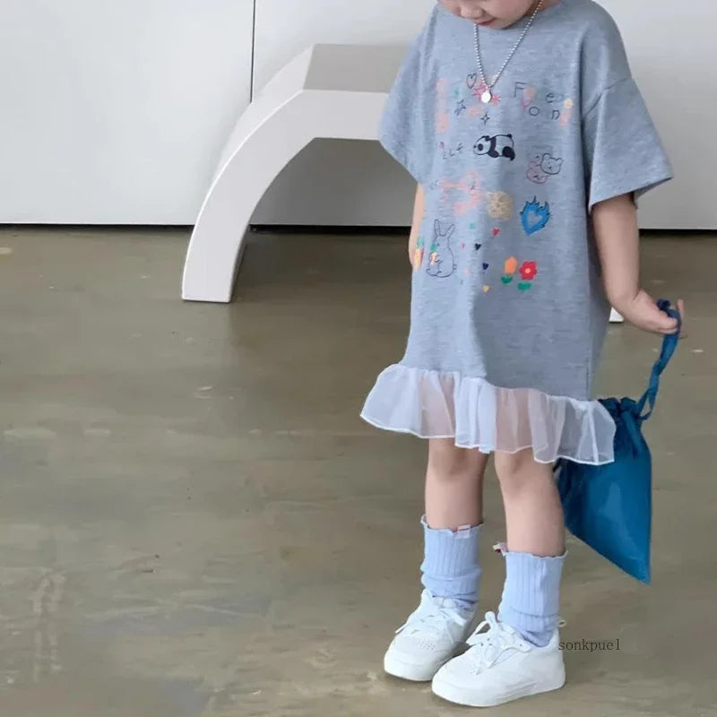 -キッズワンピース 半袖Tシャツワンピース チュチュチュールフリル お絵描きプリント グレー【mh0006109】 - mamahalo shop - 半袖ワンピース -  べビー服 - 子供服 - 男の子 - 女の子