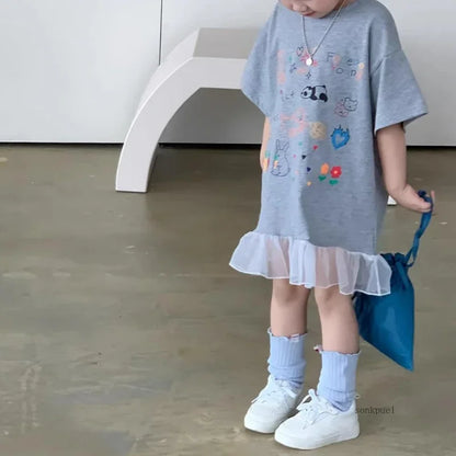 -キッズワンピース 半袖Tシャツワンピース チュチュチュールフリル お絵描きプリント グレー【mh0006109】 - mamahalo shop - 半袖ワンピース -  べビー服 - 子供服 - 男の子 - 女の子