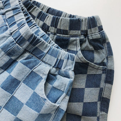 -キッズ チェッカー チェック デニム ショートパンツ ライトブルー ダークブルー ボーイズ - mamahalo shop - ハーフパンツ・ショートパンツ -  べビー服 - 子供服 - 男の子 - 女の子